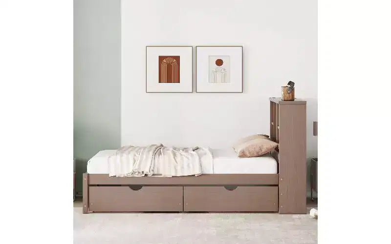 Cadre de lit moderne double avec tête de lit bibliothèque et port de chargement USB, lit plateforme en bois avec 2 tiroirs de rangement coulissants, lit avec rangement et bibliothèque