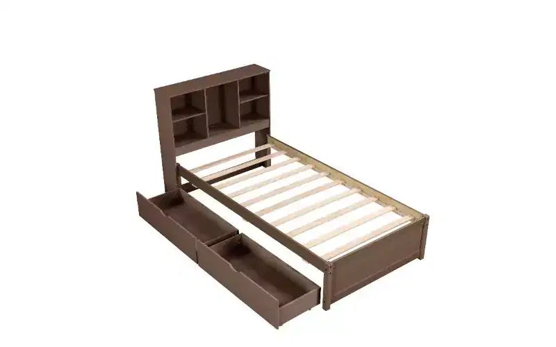 Cadre de lit moderne double avec tête de lit bibliothèque et port de chargement USB, lit plateforme en bois avec 2 tiroirs de rangement coulissants, lit avec rangement et bibliothèque