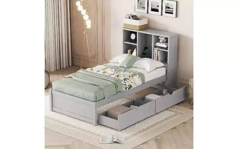 Cadre de lit moderne double avec tête de lit bibliothèque et port de chargement USB, lit plateforme en bois avec 2 tiroirs de rangement coulissants, lit avec rangement et bibliothèque