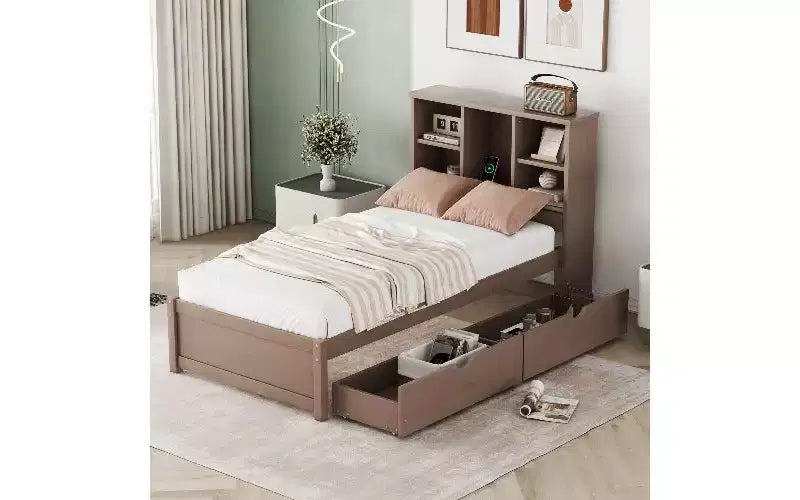 TUYOHW Modern Twin Size Bed Frame with Bookcase Headboard & USB Charging, Wood Platform Bed with 2 Sliding Storage Drawers, Storage Bookcase Bed