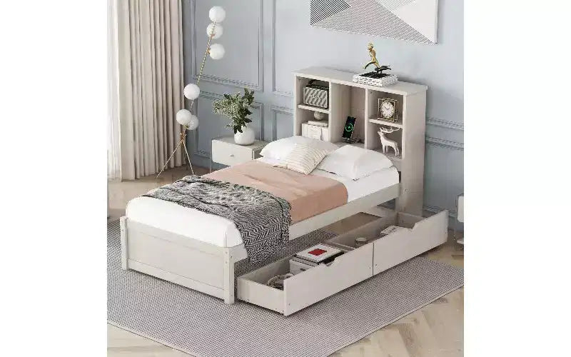 Cadre de lit moderne double avec tête de lit bibliothèque et port de chargement USB, lit plateforme en bois avec 2 tiroirs de rangement coulissants, lit avec rangement et bibliothèque