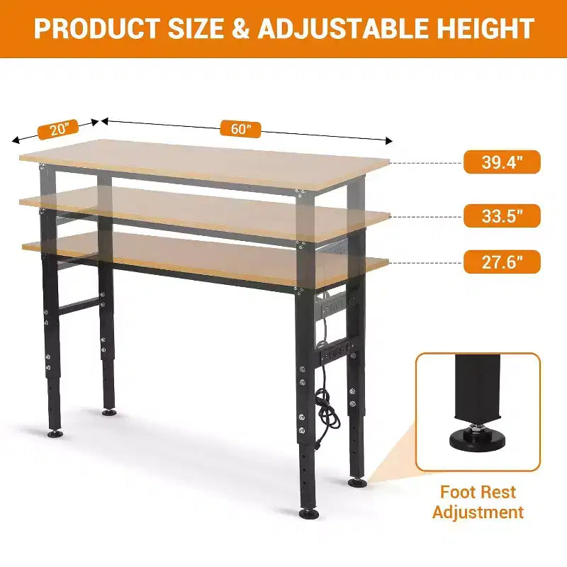 Établi robuste en acier de 60 po | Hauteur réglable et prise de courant | Capacité de 2 134 kg pour garage, atelier et maison