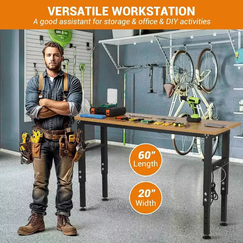 Établi robuste en acier de 60 po | Hauteur réglable et prise de courant | Capacité de 2 134 kg pour garage, atelier et maison