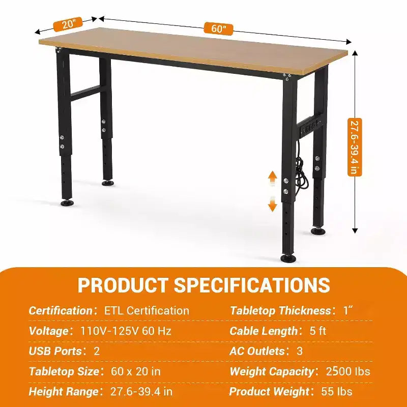 Établi robuste en acier de 60 po | Hauteur réglable et prise de courant | Capacité de 2 134 kg pour garage, atelier et maison