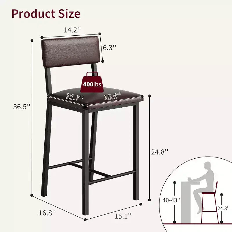 Tabourets de bar rembourrés, en cuir  avec dossier, repose-pieds, hauteur de comptoir, pieds métalliques épaissis pour îlot de cuisine/bar