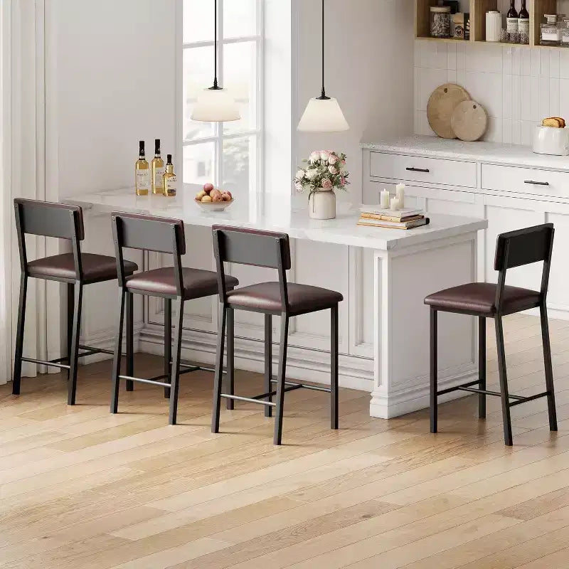 Tabourets de bar rembourrés, en cuir  avec dossier, repose-pieds, hauteur de comptoir, pieds métalliques épaissis pour îlot de cuisine/bar
