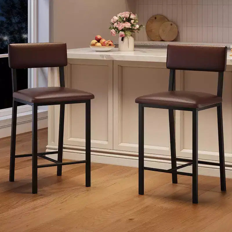 Tabourets de bar rembourrés, en cuir  avec dossier, repose-pieds, hauteur de comptoir, pieds métalliques épaissis pour îlot de cuisine/bar