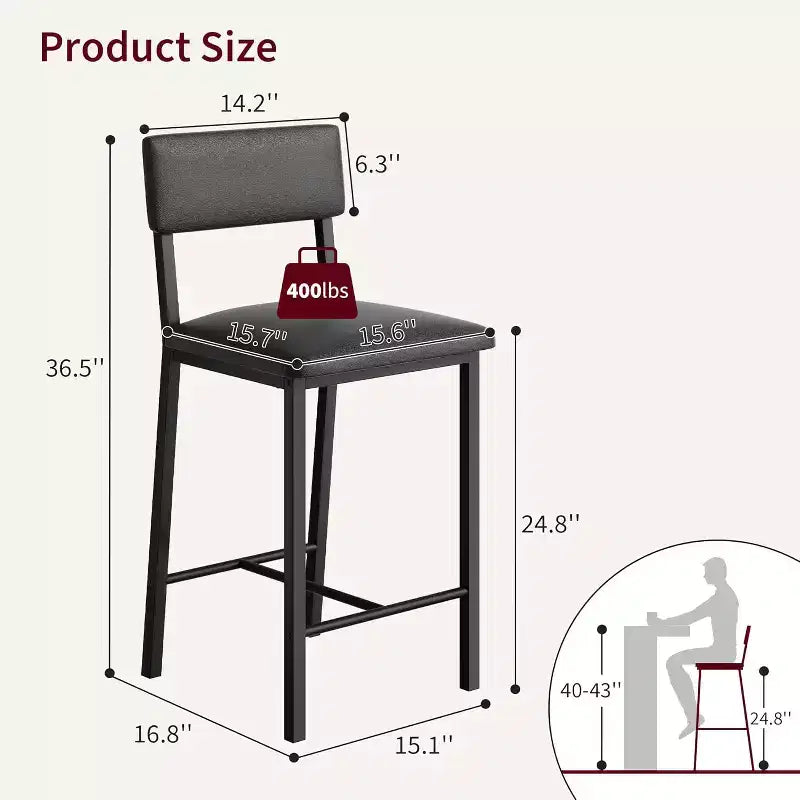 Tabourets de bar rembourrés, en cuir  avec dossier, repose-pieds, hauteur de comptoir, pieds métalliques épaissis pour îlot de cuisine/bar