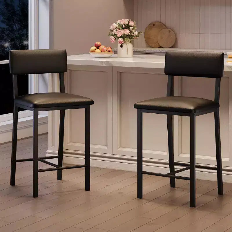 Tabourets de bar rembourrés, en cuir  avec dossier, repose-pieds, hauteur de comptoir, pieds métalliques épaissis pour îlot de cuisine/bar