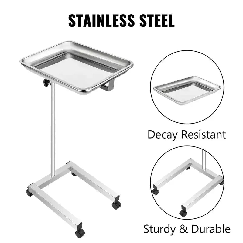 Chariot de laboratoire, support de plateau Mayo en acier inoxydable 45,7 x 35,6 cm, chariot de service médical réglable en hauteur de 81 à 130 cm, plateau à instruments, argenté