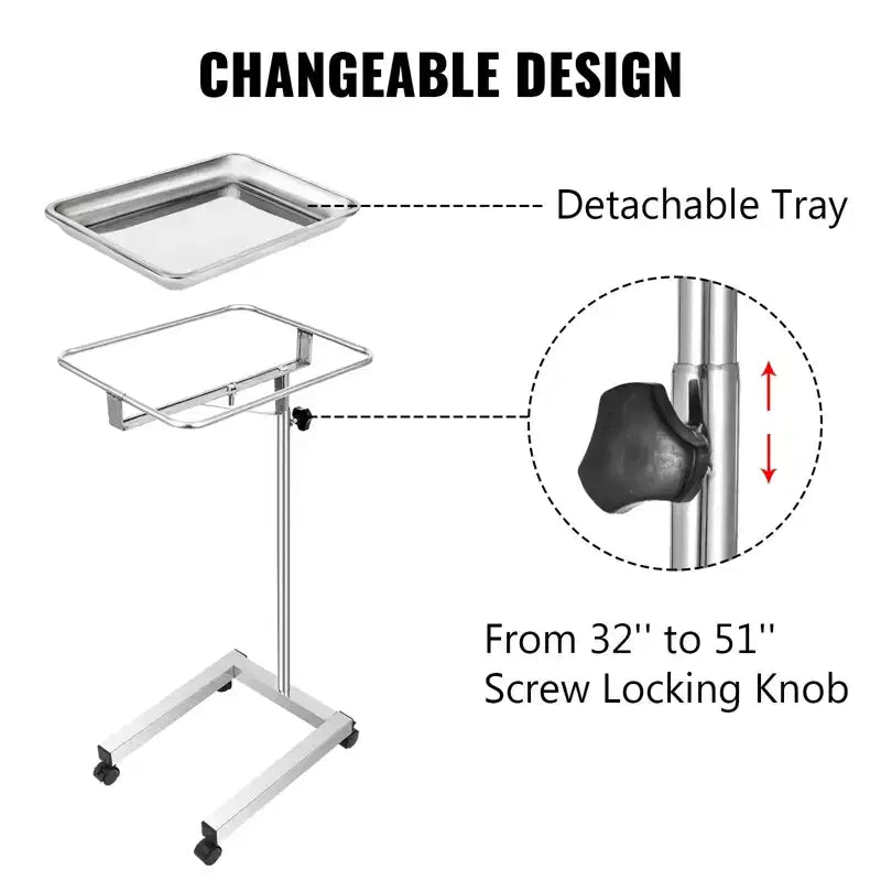 Chariot de laboratoire, support de plateau Mayo en acier inoxydable 45,7 x 35,6 cm, chariot de service médical réglable en hauteur de 81 à 130 cm, plateau à instruments, argenté