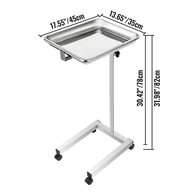 Chariot de laboratoire, support de plateau Mayo en acier inoxydable 45,7 x 35,6 cm, chariot de service médical réglable en hauteur de 81 à 130 cm, plateau à instruments, argenté