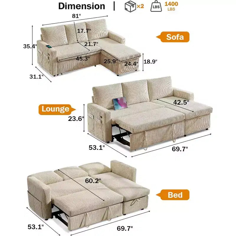 Canapé-lit d'angle en forme de L de 81 pouces avec lit gigogne 4 en 1, chaise longue de rangement, ports USB, poche latérale pour salon