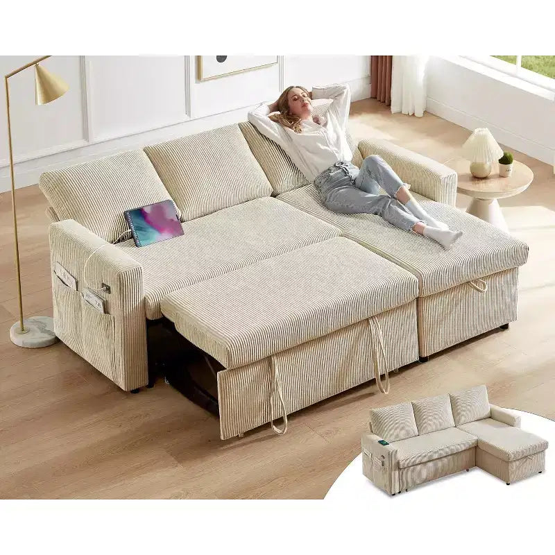 Canapé-lit d'angle en forme de L de 81 pouces avec lit gigogne 4 en 1, chaise longue de rangement, ports USB, poche latérale pour salon
