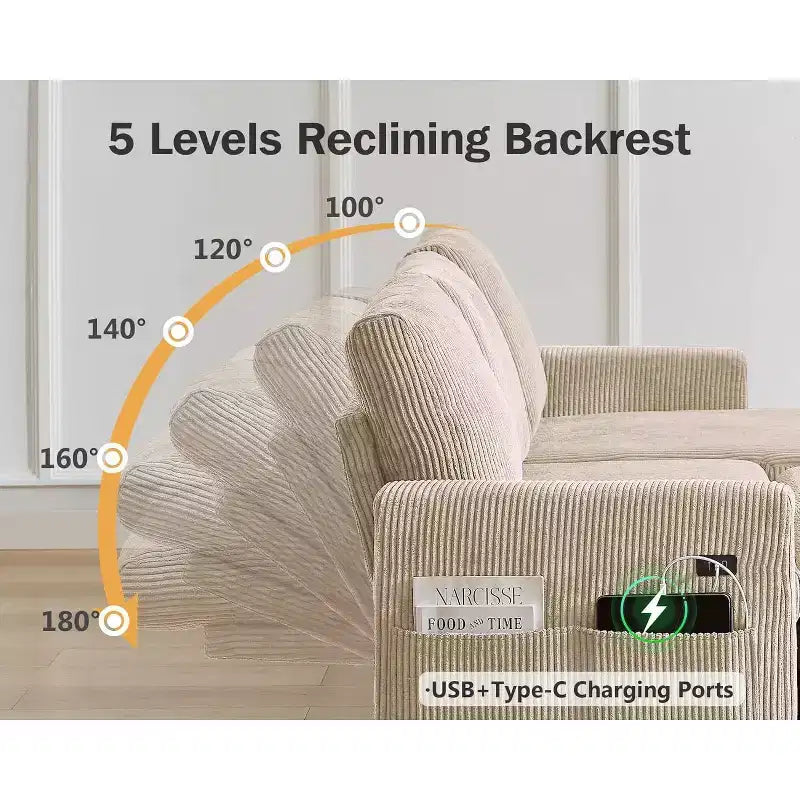 Canapé-lit d'angle en forme de L de 81 pouces avec lit gigogne 4 en 1, chaise longue de rangement, ports USB, poche latérale pour salon