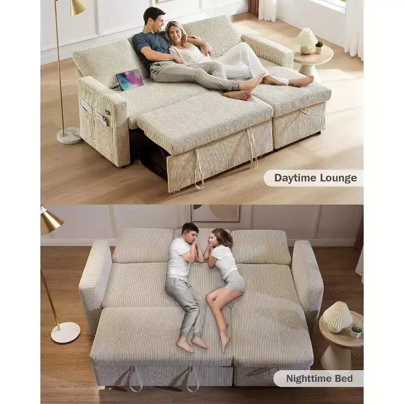 Canapé-lit d'angle en forme de L de 81 pouces avec lit gigogne 4 en 1, chaise longue de rangement, ports USB, poche latérale pour salon