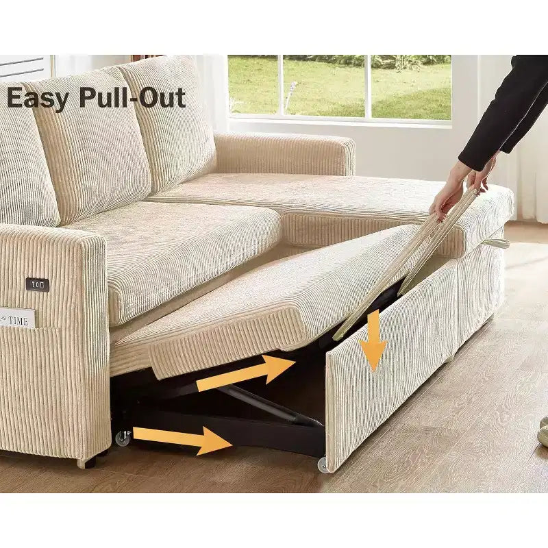 Canapé-lit d'angle en forme de L de 81 pouces avec lit gigogne 4 en 1, chaise longue de rangement, ports USB, poche latérale pour salon