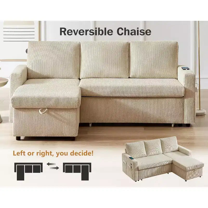 Canapé-lit d'angle en forme de L de 81 pouces avec lit gigogne 4 en 1, chaise longue de rangement, ports USB, poche latérale pour salon