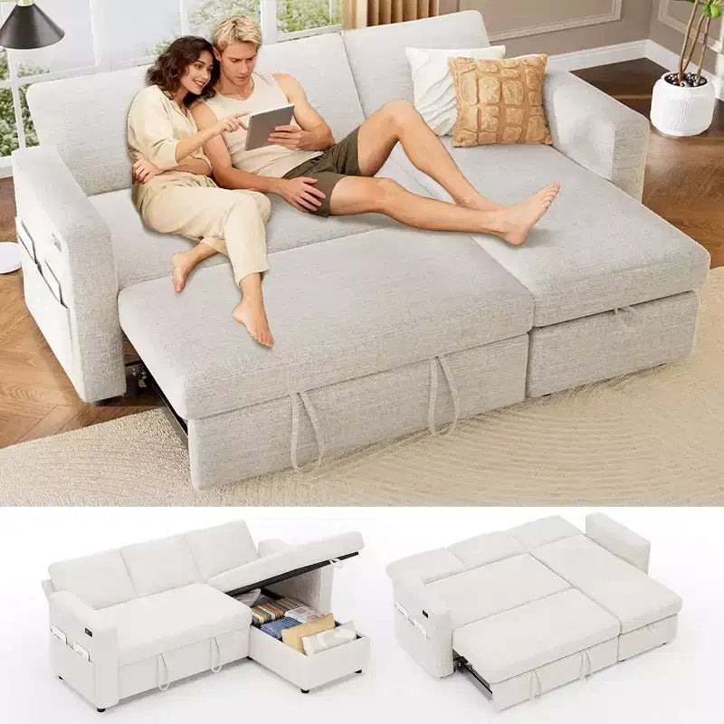 Canapé-lit d'angle en forme de L de 81 pouces avec lit gigogne 4 en 1, chaise longue de rangement, ports USB, poche latérale pour salon