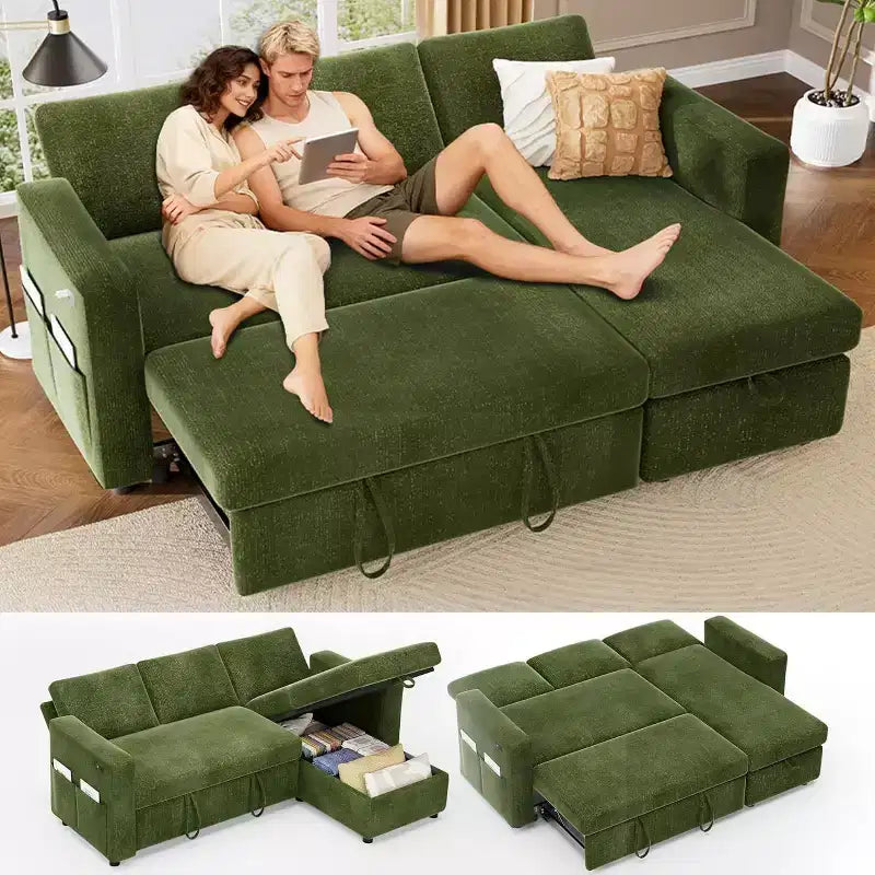 Canapé-lit d'angle en forme de L de 81 pouces avec lit gigogne 4 en 1, chaise longue de rangement, ports USB, poche latérale pour salon
