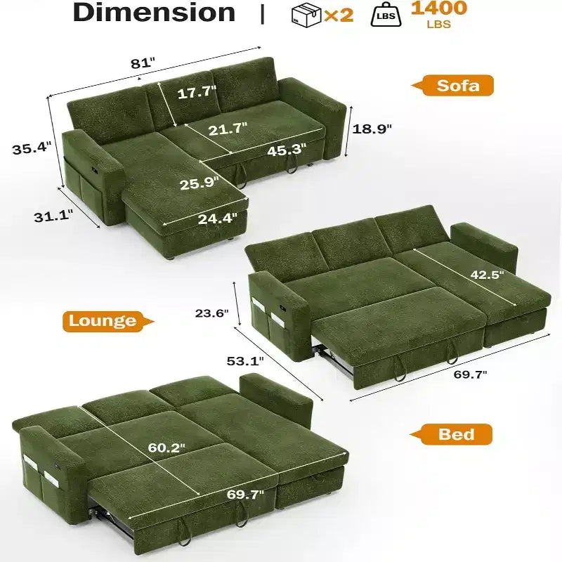 Canapé-lit d'angle en forme de L de 81 pouces avec lit gigogne 4 en 1, chaise longue de rangement, ports USB, poche latérale pour salon