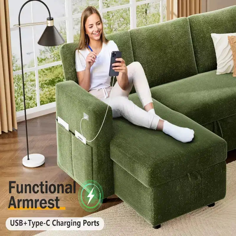 Canapé-lit d'angle en forme de L de 81 pouces avec lit gigogne 4 en 1, chaise longue de rangement, ports USB, poche latérale pour salon