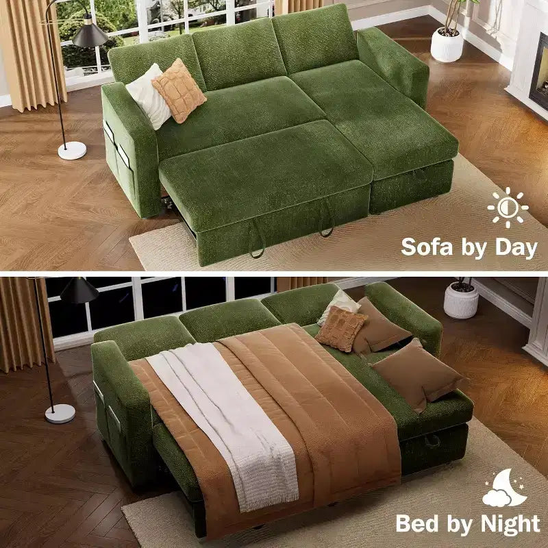 Canapé-lit d'angle en forme de L de 81 pouces avec lit gigogne 4 en 1, chaise longue de rangement, ports USB, poche latérale pour salon