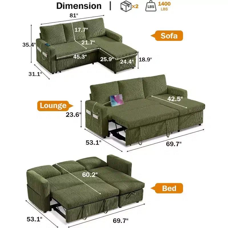 Canapé-lit d'angle en forme de L de 81 pouces avec lit gigogne 4 en 1, chaise longue de rangement, ports USB, poche latérale pour salon