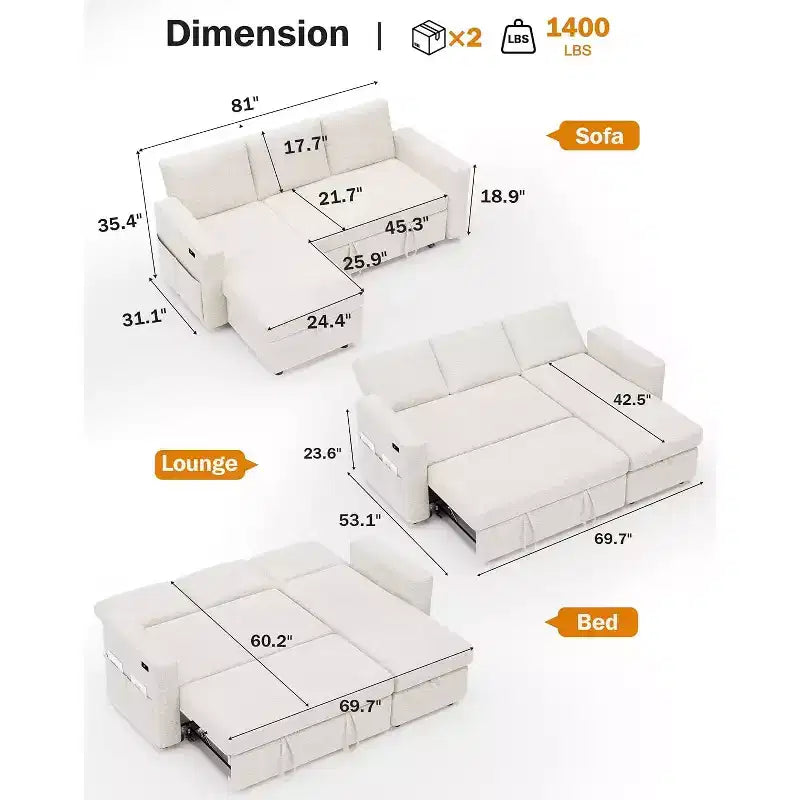 Canapé-lit d'angle en forme de L de 81 pouces avec lit gigogne 4 en 1, chaise longue de rangement, ports USB, poche latérale pour salon