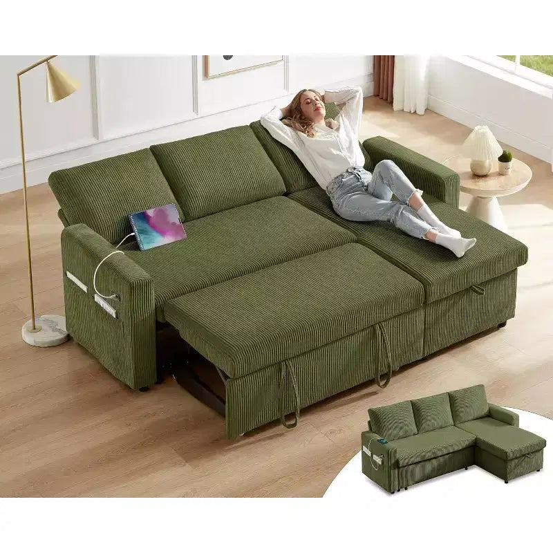 Canapé-lit d'angle en forme de L de 81 pouces avec lit gigogne 4 en 1, chaise longue de rangement, ports USB, poche latérale pour salon