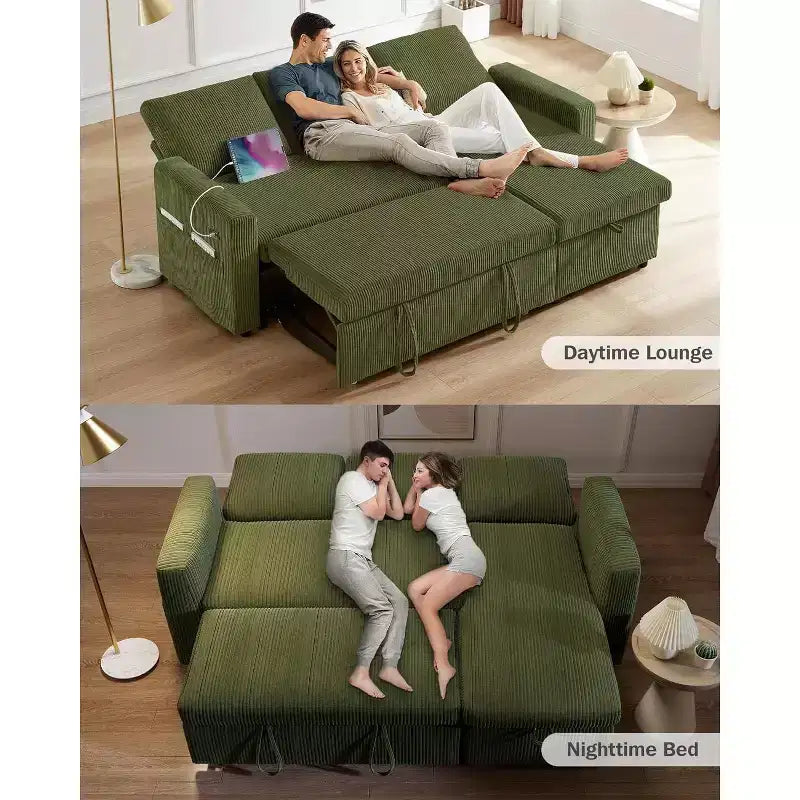 Canapé-lit d'angle en forme de L de 81 pouces avec lit gigogne 4 en 1, chaise longue de rangement, ports USB, poche latérale pour salon