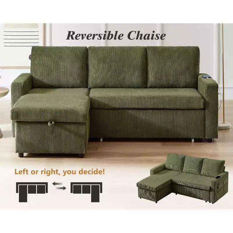 Canapé-lit d'angle en forme de L de 81 pouces avec lit gigogne 4 en 1, chaise longue de rangement, ports USB, poche latérale pour salon