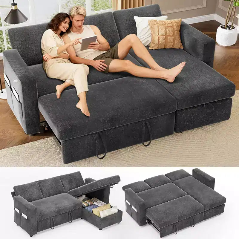 Canapé-lit d'angle en forme de L de 81 pouces avec lit gigogne 4 en 1, chaise longue de rangement, ports USB, poche latérale pour salon