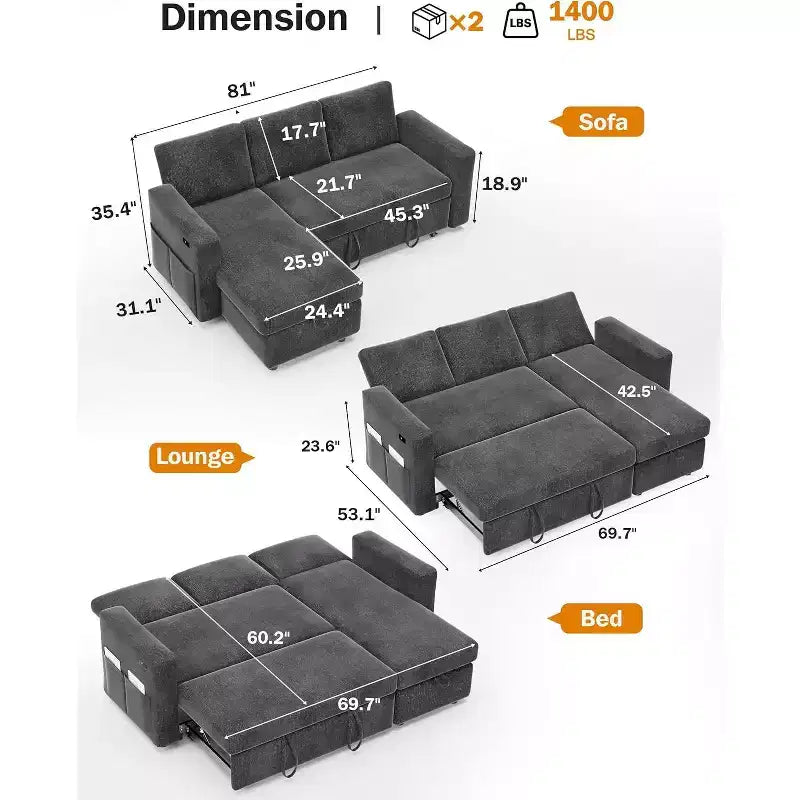 Canapé-lit d'angle en forme de L de 81 pouces avec lit gigogne 4 en 1, chaise longue de rangement, ports USB, poche latérale pour salon