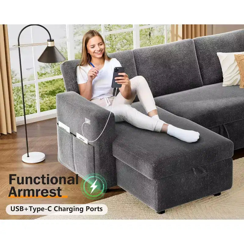 Canapé-lit d'angle en forme de L de 81 pouces avec lit gigogne 4 en 1, chaise longue de rangement, ports USB, poche latérale pour salon