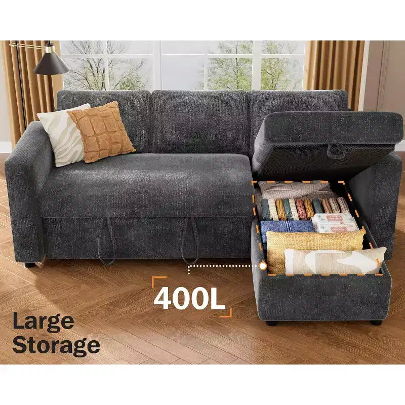 Canapé-lit d'angle en forme de L de 81 pouces avec lit gigogne 4 en 1, chaise longue de rangement, ports USB, poche latérale pour salon