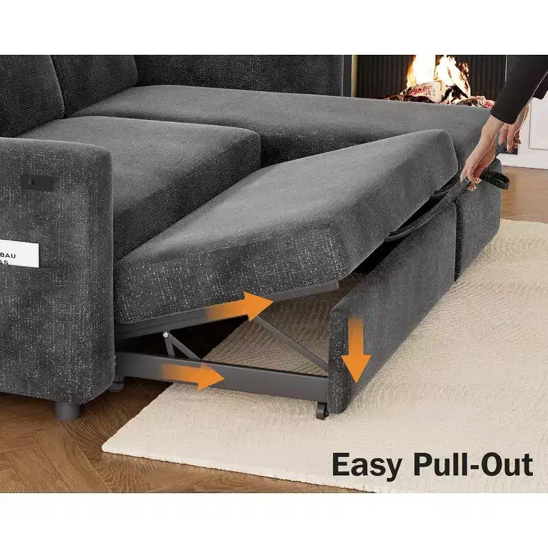 Canapé-lit d'angle en forme de L de 81 pouces avec lit gigogne 4 en 1, chaise longue de rangement, ports USB, poche latérale pour salon