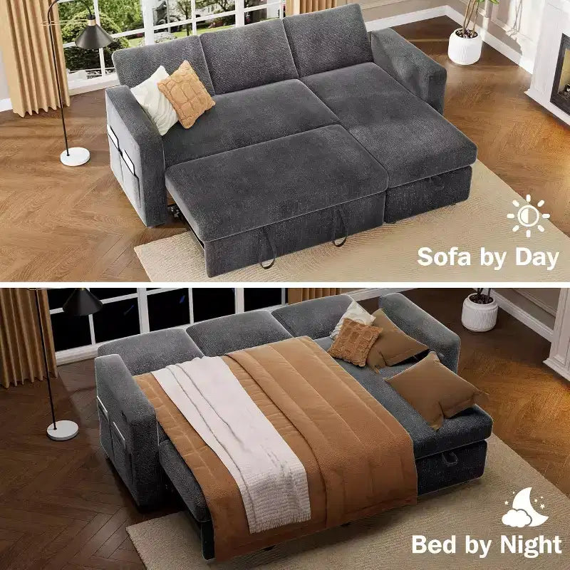Canapé-lit d'angle en forme de L de 81 pouces avec lit gigogne 4 en 1, chaise longue de rangement, ports USB, poche latérale pour salon