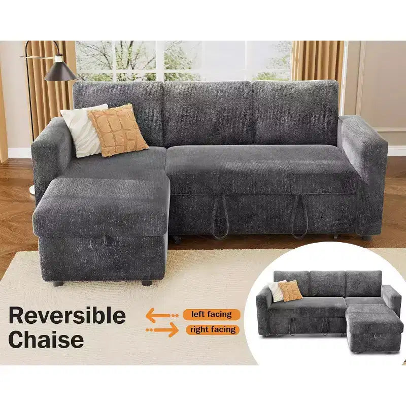 Canapé-lit d'angle en forme de L de 81 pouces avec lit gigogne 4 en 1, chaise longue de rangement, ports USB, poche latérale pour salon
