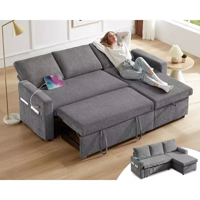 Canapé-lit d'angle en forme de L de 81 pouces avec lit gigogne 4 en 1, chaise longue de rangement, ports USB, poche latérale pour salon