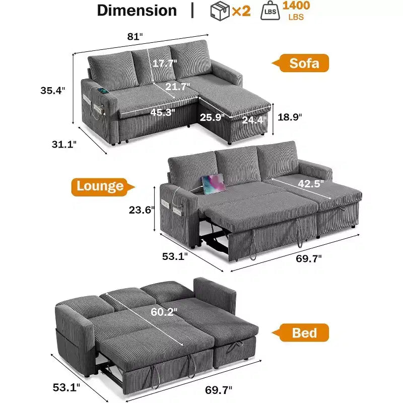 Canapé-lit d'angle en forme de L de 81 pouces avec lit gigogne 4 en 1, chaise longue de rangement, ports USB, poche latérale pour salon