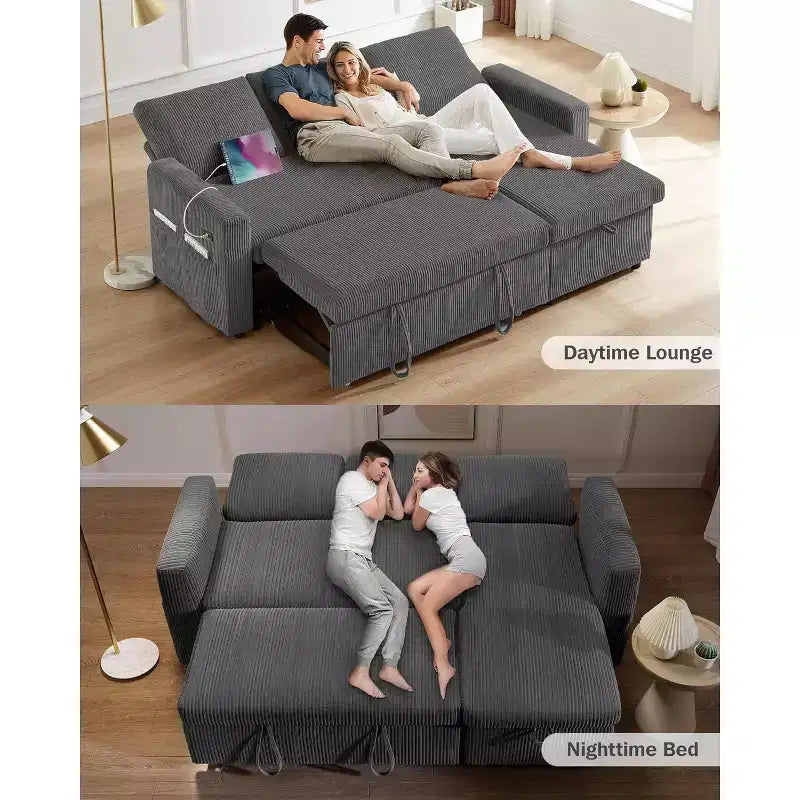 Canapé-lit d'angle en forme de L de 81 pouces avec lit gigogne 4 en 1, chaise longue de rangement, ports USB, poche latérale pour salon