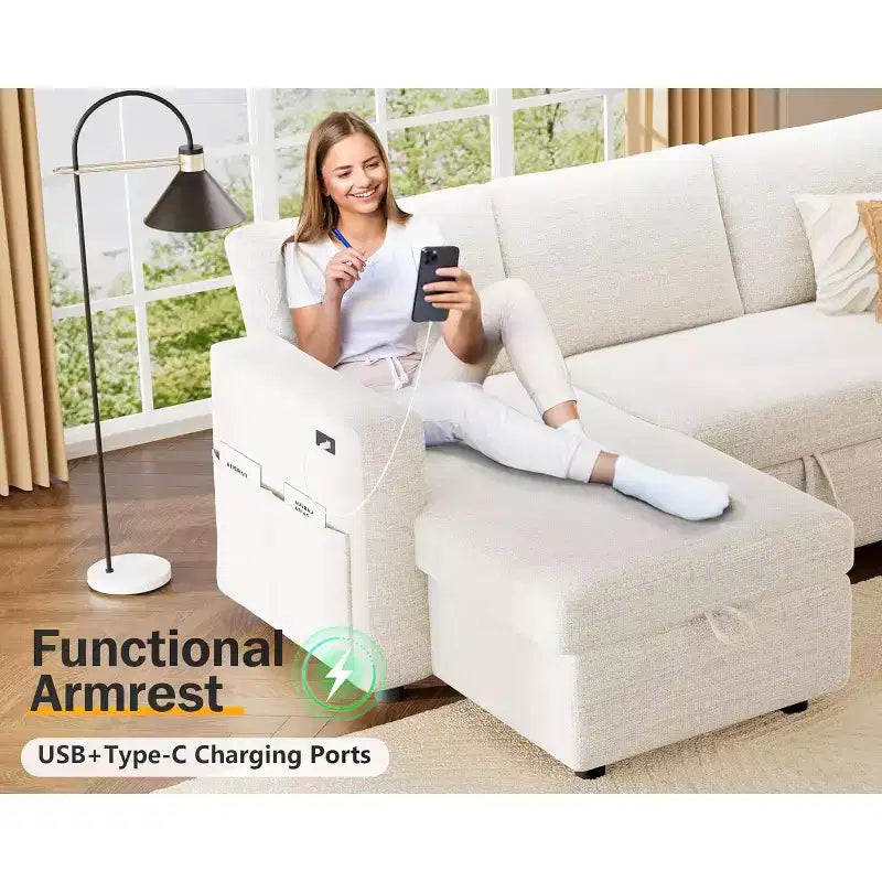 Canapé-lit d'angle en forme de L de 81 pouces avec lit gigogne 4 en 1, chaise longue de rangement, ports USB, poche latérale pour salon