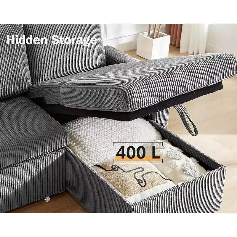 Canapé-lit d'angle en forme de L de 81 pouces avec lit gigogne 4 en 1, chaise longue de rangement, ports USB, poche latérale pour salon