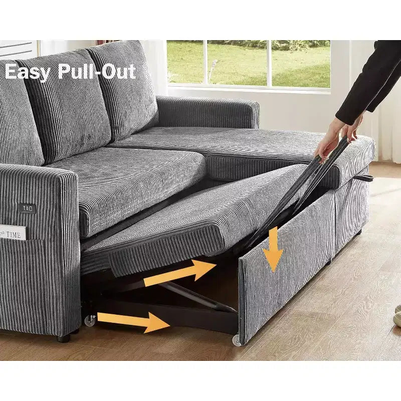 Canapé-lit d'angle en forme de L de 81 pouces avec lit gigogne 4 en 1, chaise longue de rangement, ports USB, poche latérale pour salon