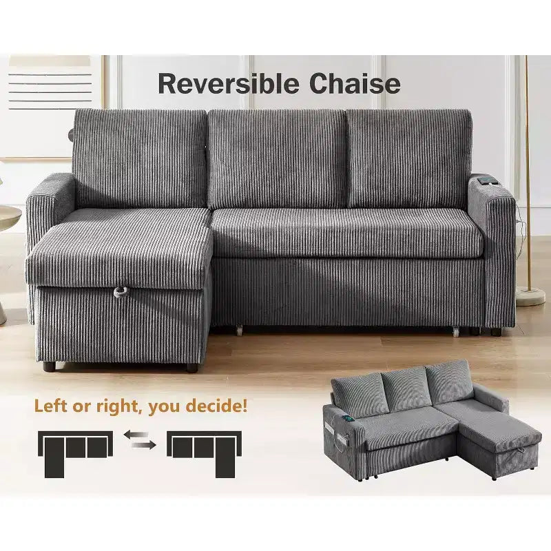Canapé-lit d'angle en forme de L de 81 pouces avec lit gigogne 4 en 1, chaise longue de rangement, ports USB, poche latérale pour salon