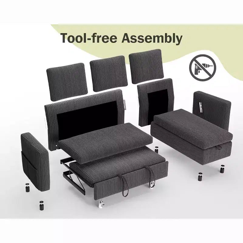 Canapé-lit d'angle en forme de L de 81 pouces avec lit gigogne 4 en 1, chaise longue de rangement, ports USB, poche latérale pour salon