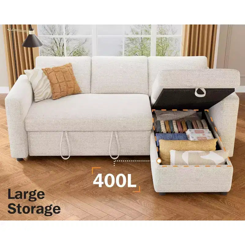 Canapé-lit d'angle en forme de L de 81 pouces avec lit gigogne 4 en 1, chaise longue de rangement, ports USB, poche latérale pour salon