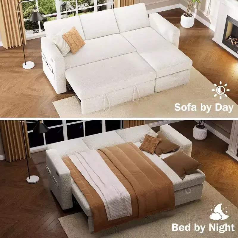 Canapé-lit d'angle en forme de L de 81 pouces avec lit gigogne 4 en 1, chaise longue de rangement, ports USB, poche latérale pour salon
