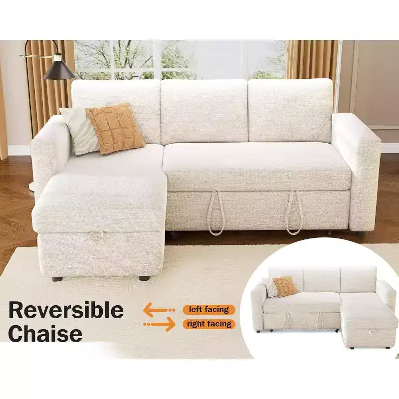 Canapé-lit d'angle en forme de L de 81 pouces avec lit gigogne 4 en 1, chaise longue de rangement, ports USB, poche latérale pour salon